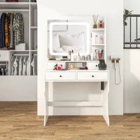 Toeletta Trucco con Luci LED 3 Tonalità e Specchio, Prese USB, 4 Cassetti e Mensole, 90x45x160cm, Bianco