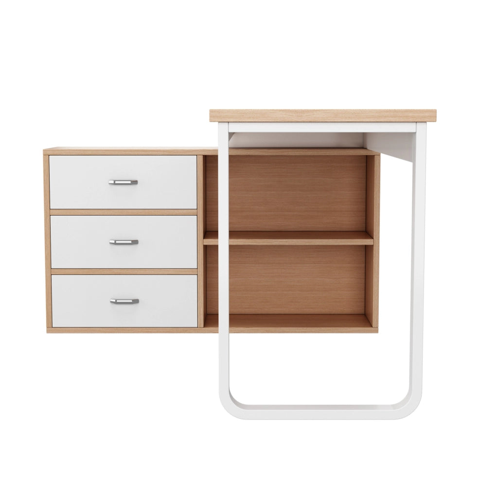 Scrivania 147x100x75.3 cm con tre cassetti e due vani a giorno in MDF e metallo naturale