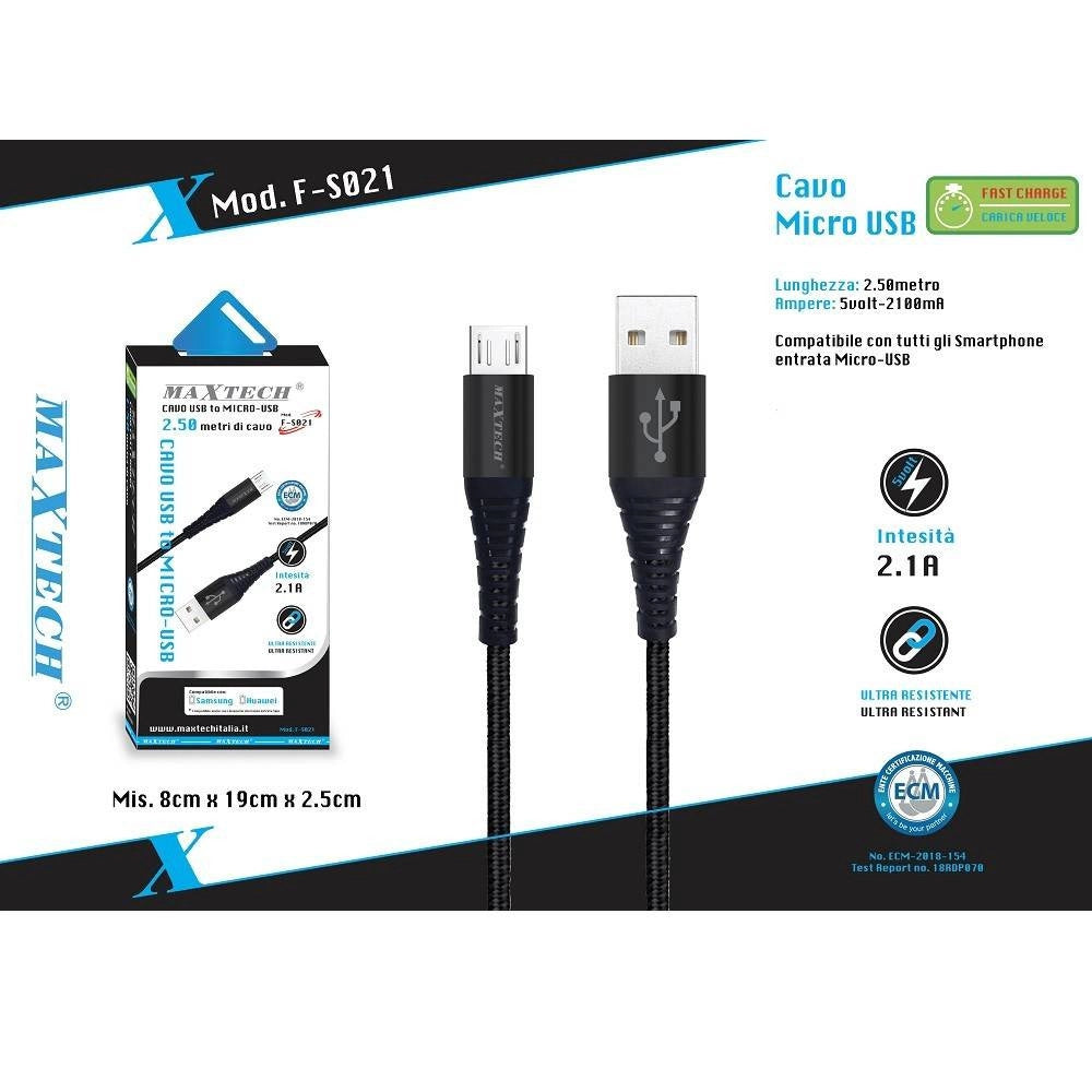 Trade Shop - Cavo Micro Usb A Usb Ricarica Dati Per Smartphone Samsung Huawei Maxtech F-s021 -