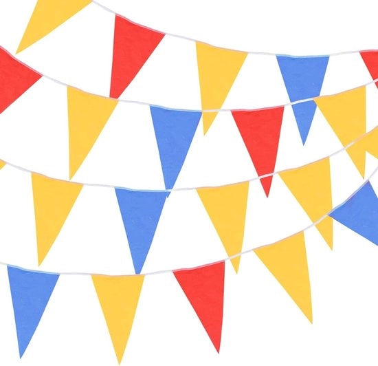 Vendita di Banderine da 30 metri con 64 Driehoekige Banderine - Rood Blauw Geel - per Esterno Decorazione di Giardino, Matrimonio e Festa di Compleanno