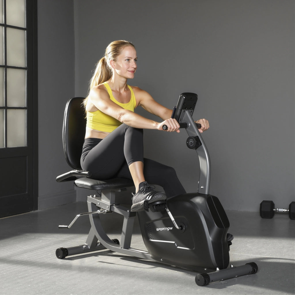 Bicicletta da allenamento magnetica reclinata ¨C Minimal ¨C 8 livelli di resistenza regolabile, monitor LCD, metallo e plastica, nero