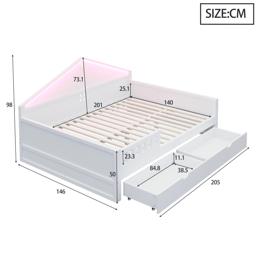 Letto multifunzione per materasso 140×200 cm con striscia LED e 2 cassetti; legno massello e MDF; bianco