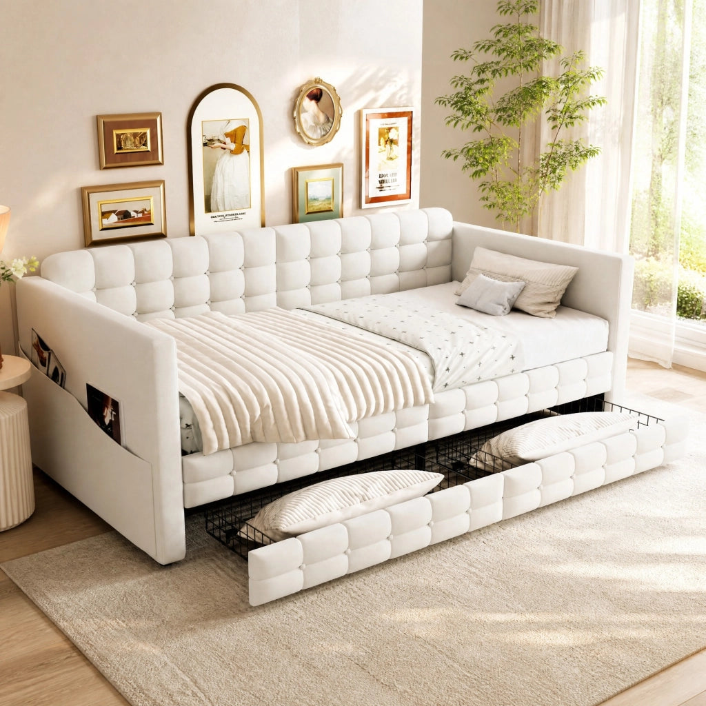 Letto imbottito 90x190 cm in velluto beige con tasche laterali e 2 cassetti