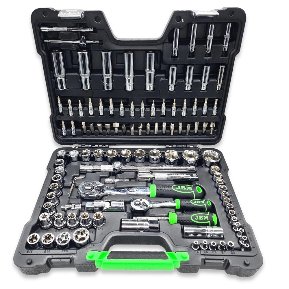 Valigetta Utensili Professionale 108 Pezzi JBM con Bussole Esagonali Cromate, Cricchetti, Prolunghe, Kit Attrezzi per Auto, Officina e Fai-da-Te