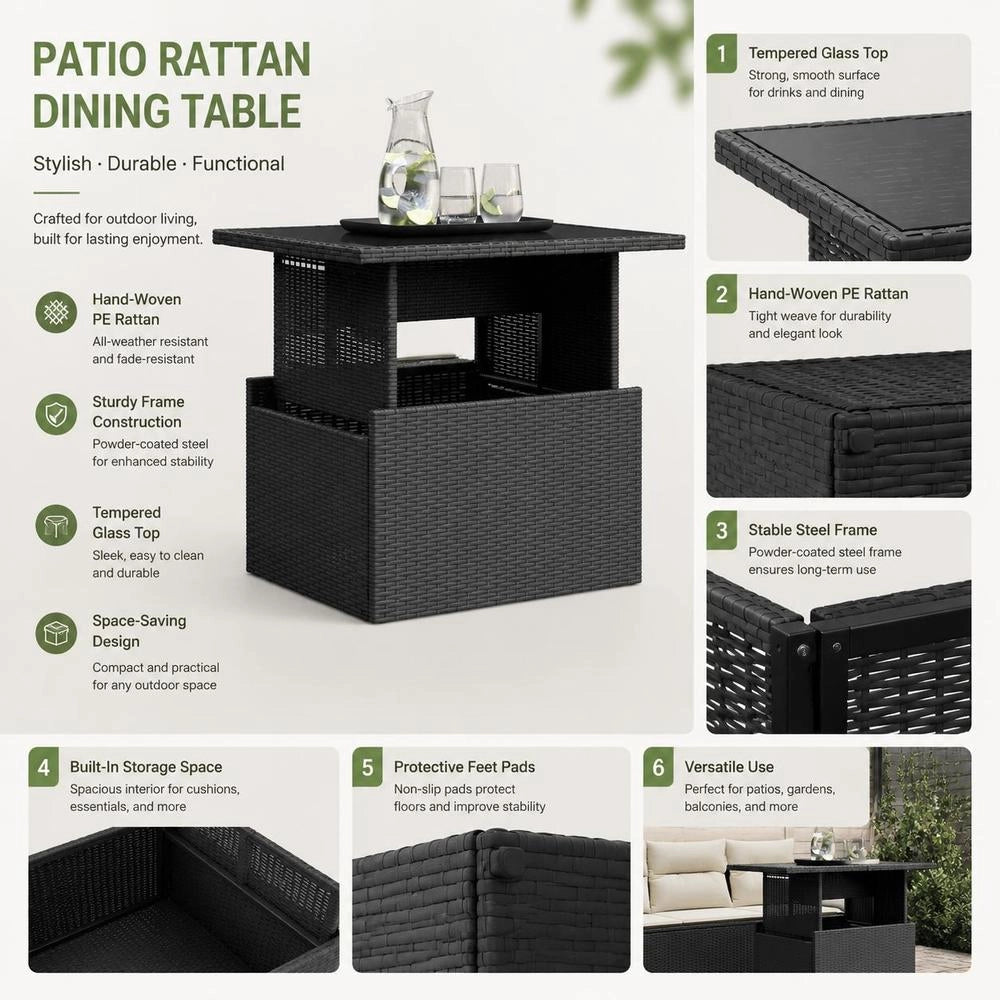 Garden Table With Glass Top, Black, 100x55x73 Cm, Poly Rattan