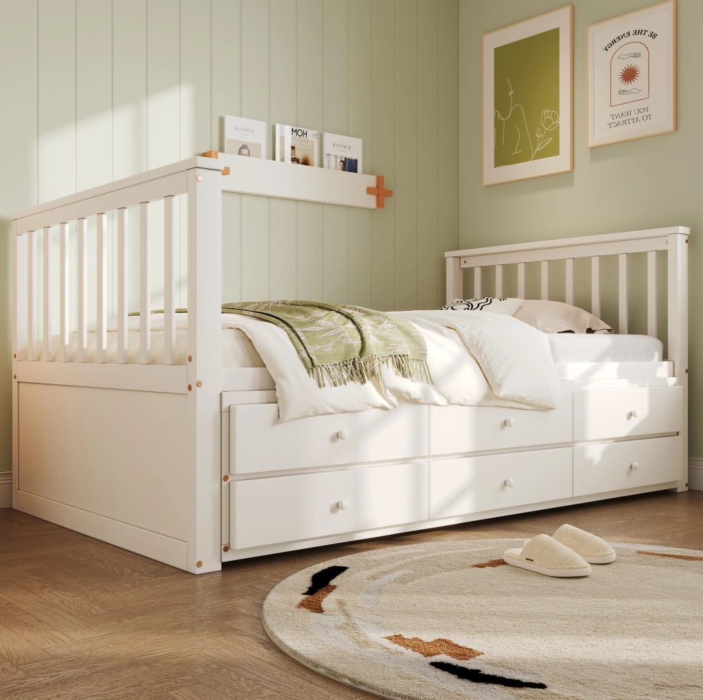 Letto singolo con letto estraibile e 3 cassetti 90x200 cm in legno di pino e MDF bianco