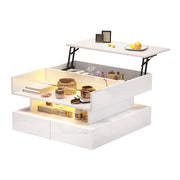 Tavolino da caffè 80x80x45 cm; sollevabile con LED e 2 cassetti; pannello truciolare e vetro temperato bianco