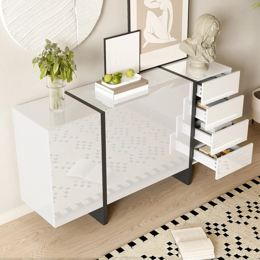Credenza moderna bianca lucida e nera 150 cm con 2 ante e 4 cassetti