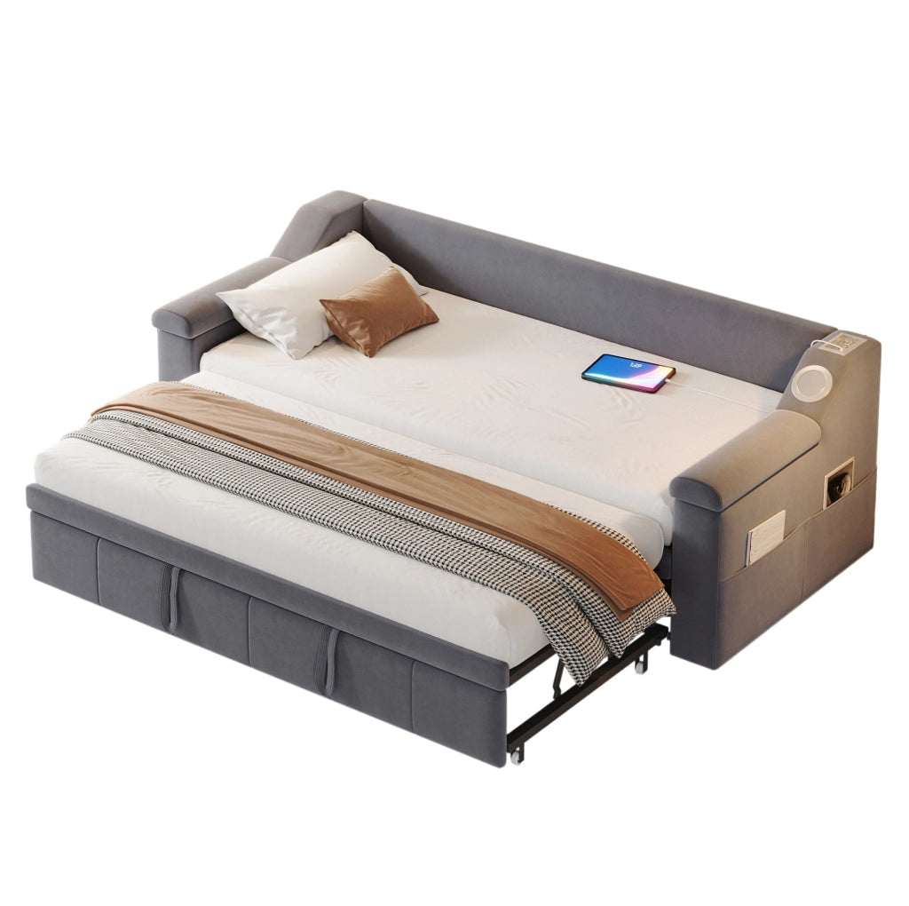 Divano letto estraibile 90/180x190 cm con Bluetooth; USB e vani in velluto grigio