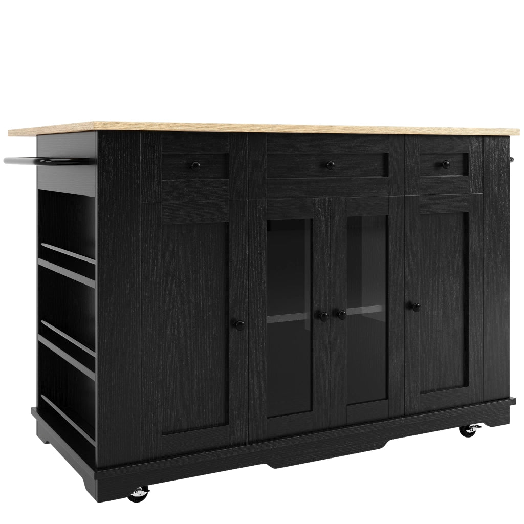 Carrello da Cucina con 1 Cassetto Piano Ribaltabile e Vani in MDF Vetro 151.5 x 60 x 91.7 cm Nero Naturale
