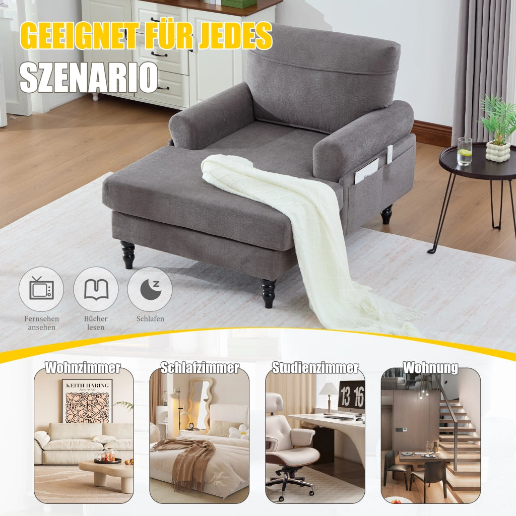 Poltrona Relax Ampia con Tasche Laterali Schienale e Braccioli Confortevoli Piedi in Legno Massello in Ciniglia Grigio Scuro