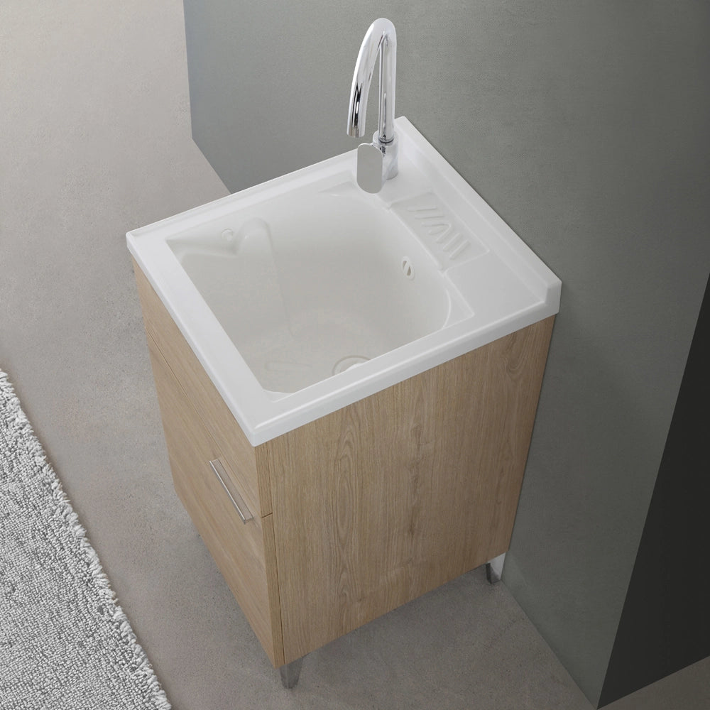 Mobile lavatoio 45x50 cm rovere con vasca in resina e asse lavapanni