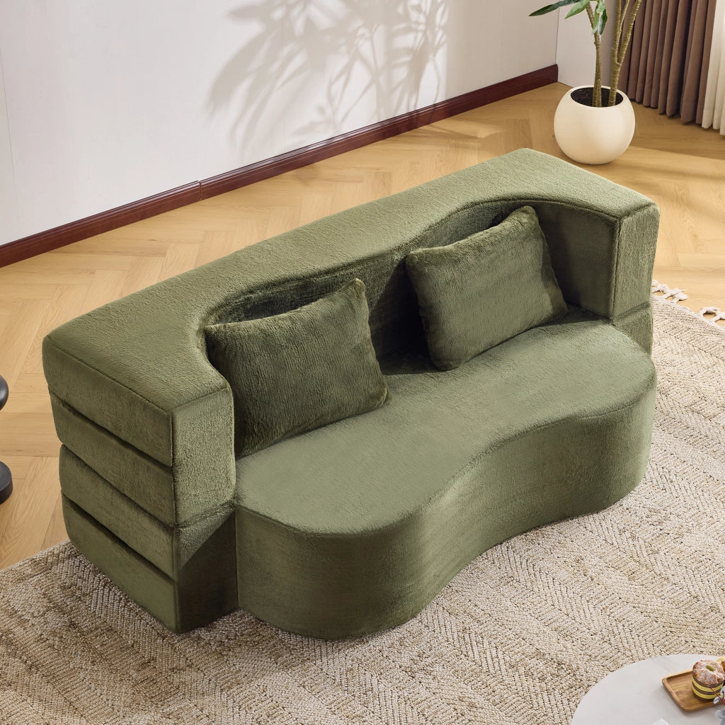 Divano letto pieghevole 2 posti trasformabile con 2 cuscini e design ondulato in tessuto effetto peluche - verde