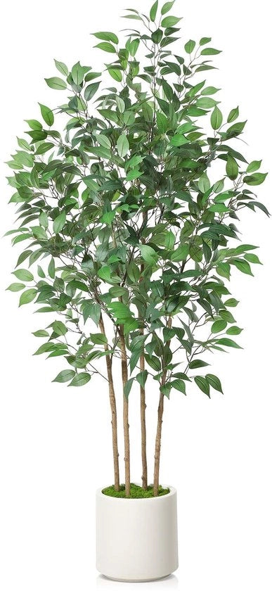 Pianta finta di fico, 180 cm alta pianta finta per decorazione interna, pianta finta in contenitore di plastica bianca con sabbia artificiale per decorazione di angolo ufficio casa, set di 1