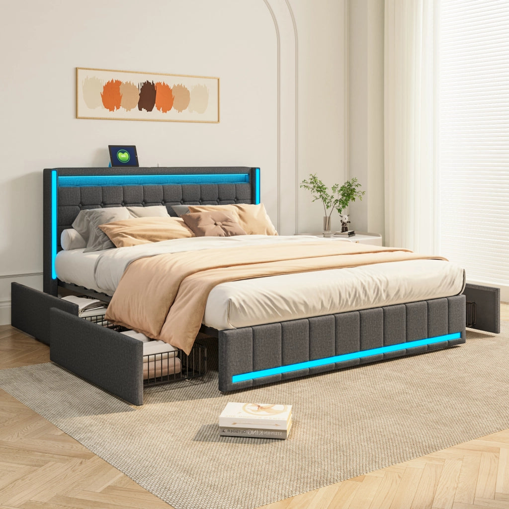 Letto 140x200 cm con cassetti; LED e USB; grigio scuro