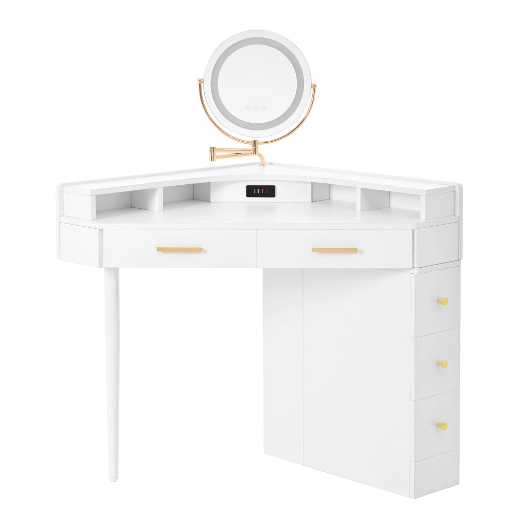 Scrivania Angolare Toeletta con Specchio LED e 5 Cassetti ¨C MINIMAL ¨C Bianco 105.5x75x120 cm