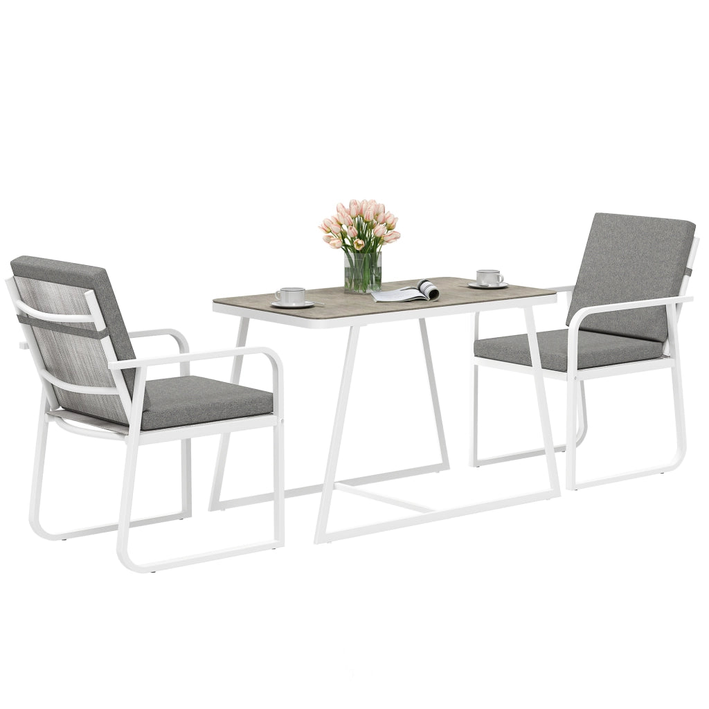 Set da Esterno 3 Pezzi Tavolo con Piano in Vetro e 2 Sedie con Cuscini Bianco