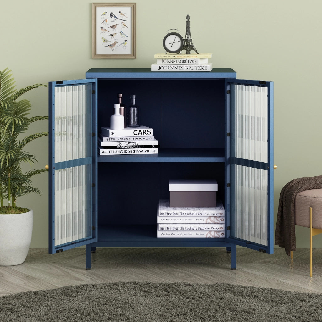 Credenza Säkylä Comò con Ante in Vetro Scanalato 84x64x35 cm Blu Marino [en.casa]