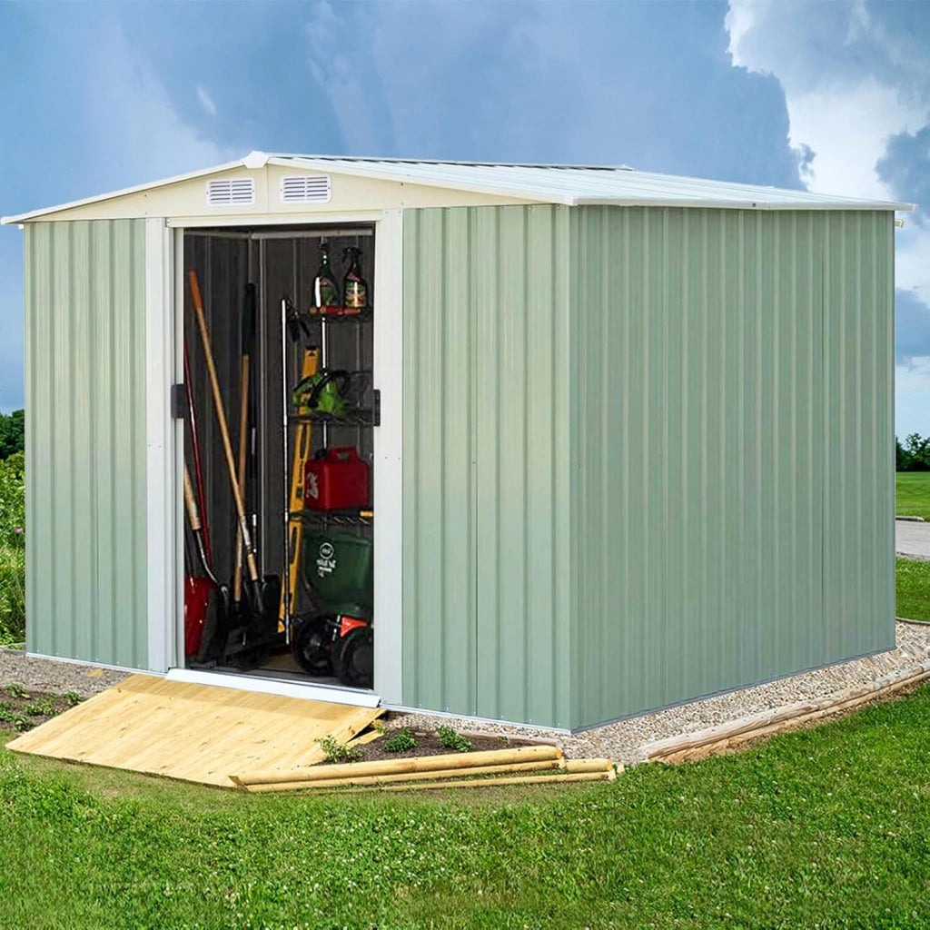 Casetta da Giardino 4,75㎡, Capanno da Esterno in Lamiera Zincata Resistente alle Intemperie con Porta Scorrevole e Tetto a Sella Galvanizzato con Ventilazione, 257 x 205 x 175,5 cm