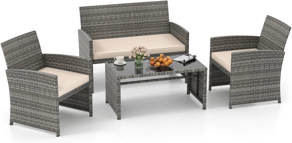 Set Mobili da Giardino in Rattan PE, Divano a 2 Posti e 2 Poltrone con Cuscini Comfort, Tavolino con Piano in Vetro, Arredo da Esterno per 4 Persone per Patio, Balcone, Cortile (Nero+Grigio)