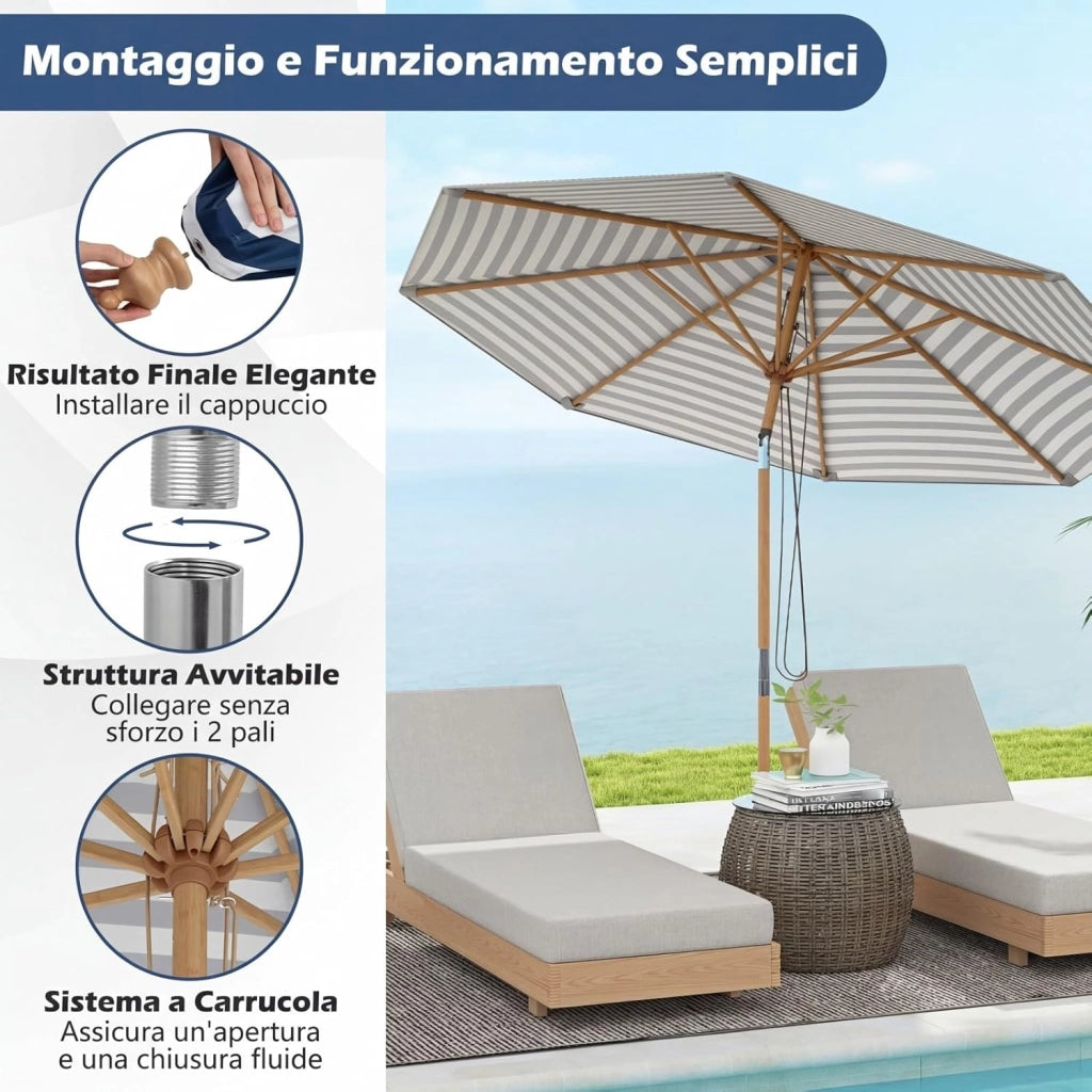 Ombrellone da Giardino 280 cm, Ombrellone Inclinazione Regolabile a 30°, con 8 Stecche, per Spiaggia Piscina Cortile (Binaco+Blu)