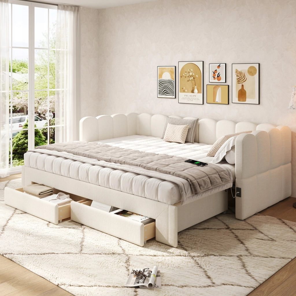 Letto a scomparsa imbottito 90x200 - Xylo - 2 cassetti USB beige