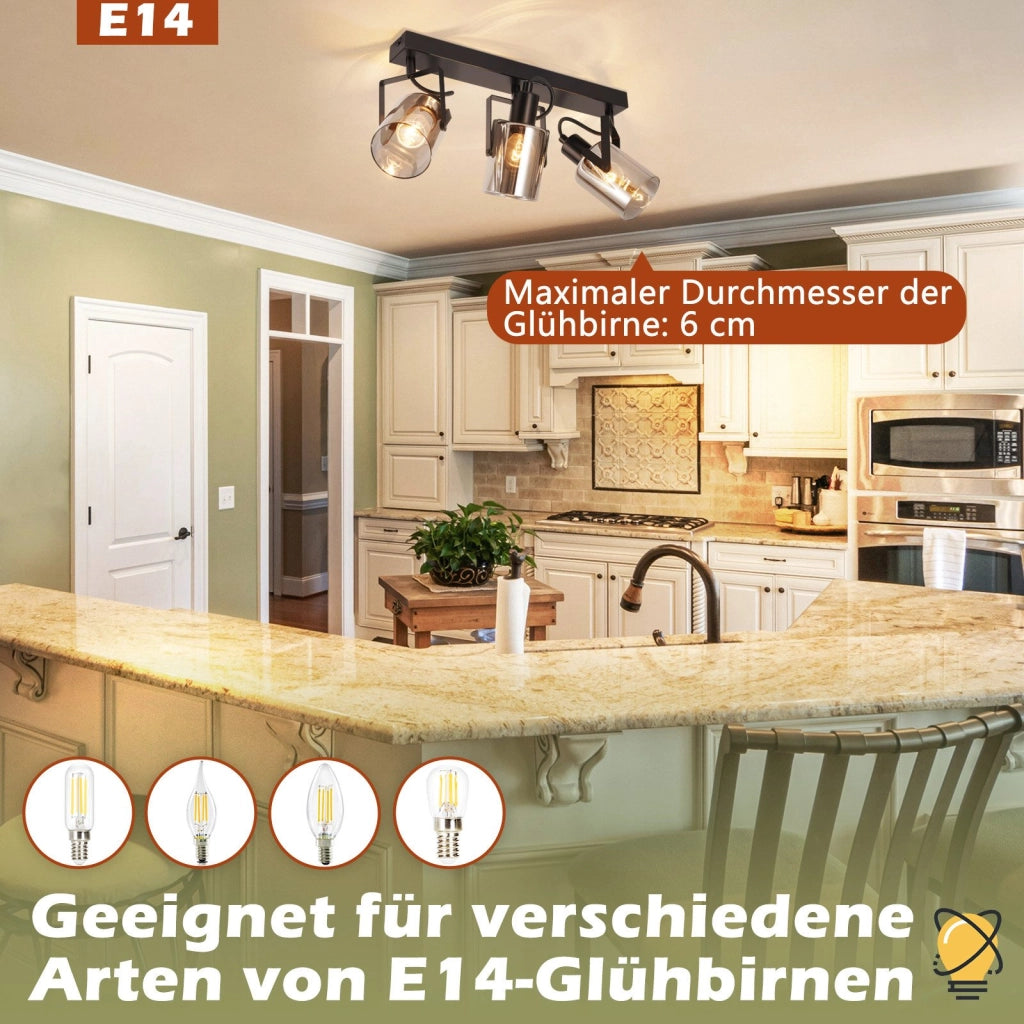 ZMH Faretto da soffitto 3 fiamme vetro grigio fumé E14 per camera letto