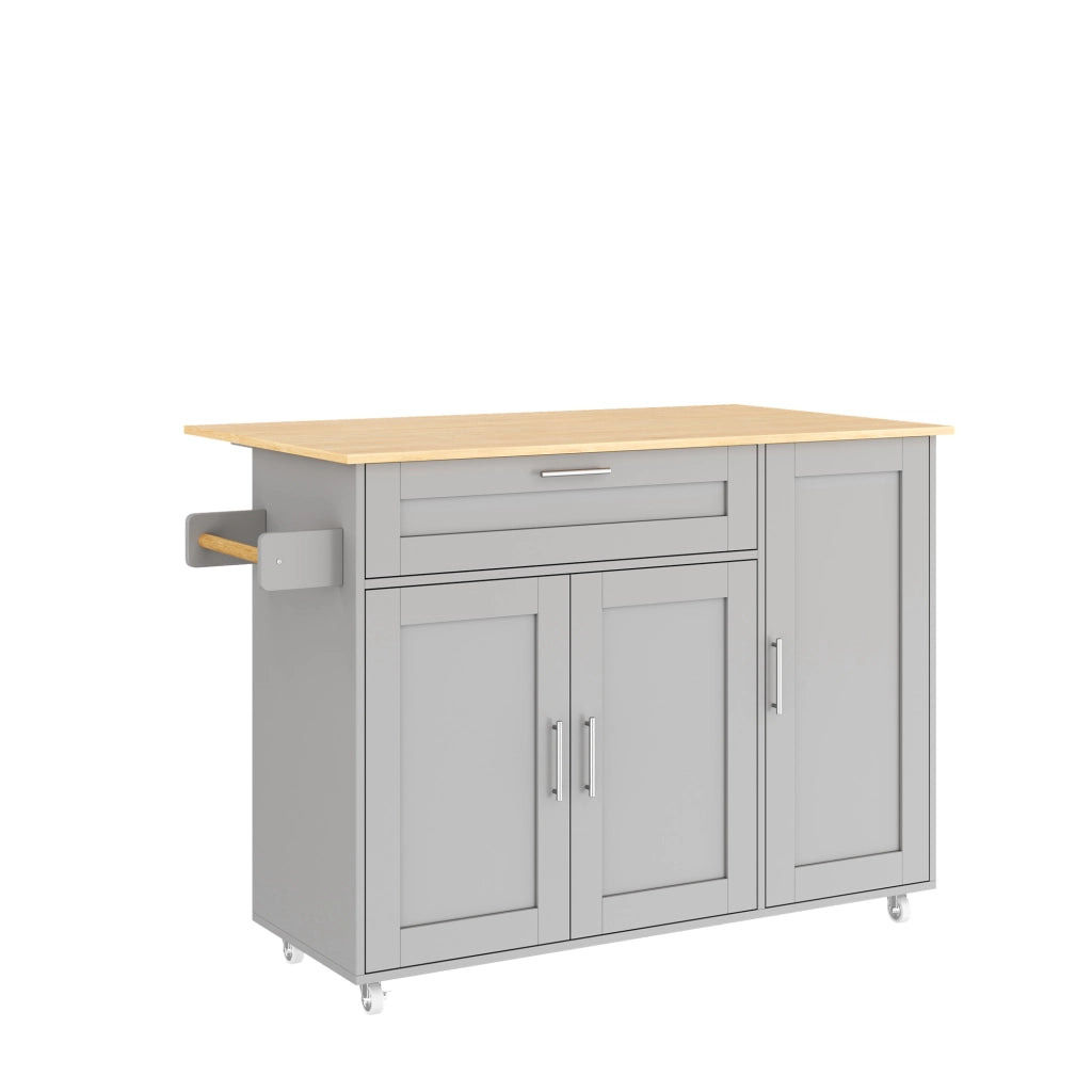 Isola da Cucina Mobile 132,5x44/70x90 cm Grigia con Piano Effetto Rovere, Cassetto e 5 Ruote