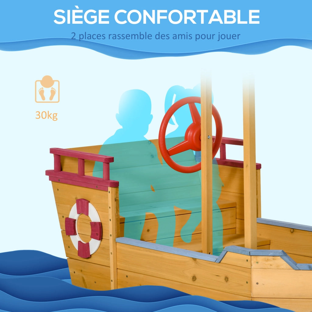 Casetta da giardino per bambini in legno a forma di barca pirata ¨C zephmum ¨C con vela ombreggiante, baule e timone