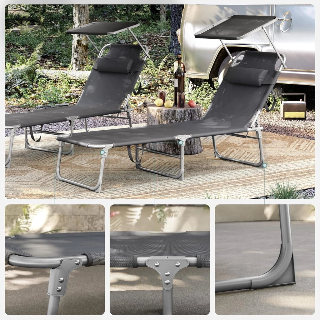 SONGMICS Sedia a sdraio, lettino per il relax, con materasso da 3 cm, cuscino, schienale e ombrellone reclinabili, pieghevole, 53 x 193 x 29,5 cm, carico 150 kg, per giardino, nero GCB193B01