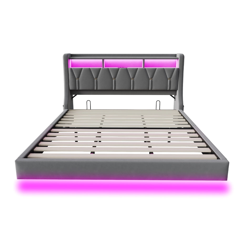 Letto imbottito matrimoniale 180×200 cm con testiera ribaltabile; USB; Type-C; LED e contenitore; senza materasso