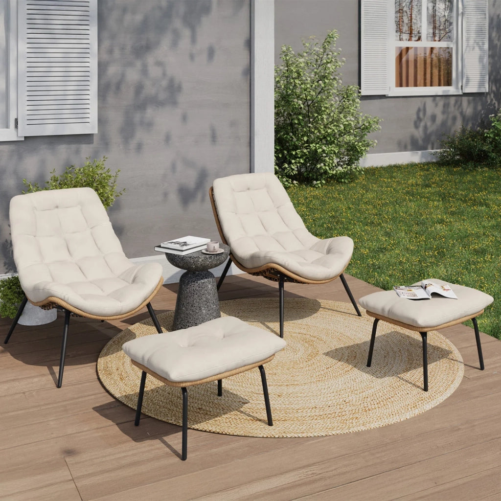 IDMarket - Set di 2 poltrone reclinabili LOA in rattan con cuscini ecrù e poggiapiedi
