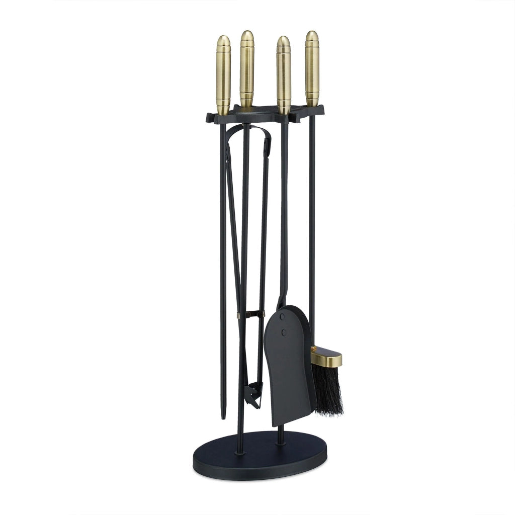 Set di 5 attrezzi per camino accessori in acciaio e ottone tra cui pala spazzola supporto e attizzatoio nero 13_0002444