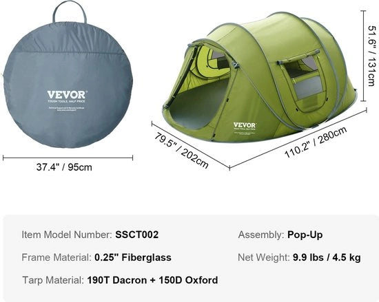 Tenda da campeggio a tenda gonfiabile - Impermeabile - 4 persone - Resistente alle condizioni climatiche avverse - Tenda - Festival - Leggera - Tende - Verde - 202x280cm