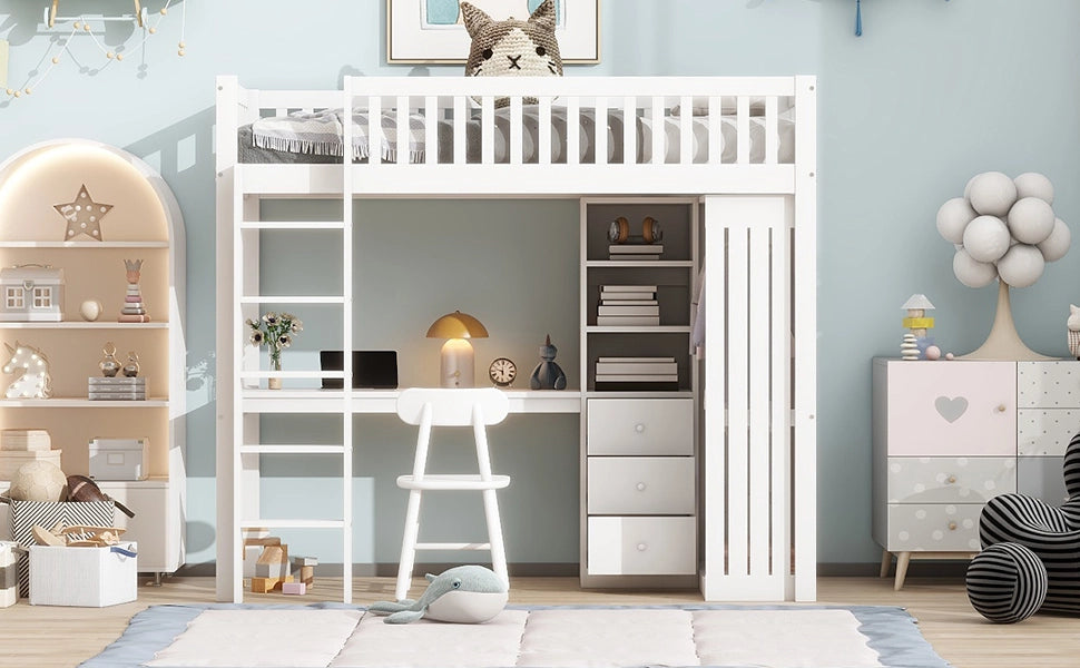 DESMIU Letto a soppalco 90 × 200 cm singolo con scrivania, armadio, 3 cassetti e scala, senza materasso, bianco