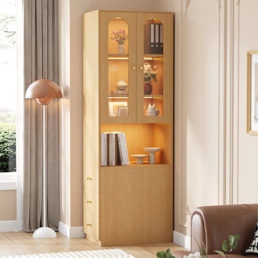 Libreria alta con 3 cassetti e vetrina in vetro temperato con LED per studio e soggiorno in MDF rovere 60 × 40 × 200 cm