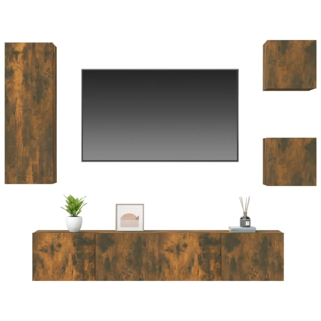 Set di Mobili Porta TV 5 pz Rovere Fumo in Legno Multistrato cod mxl 12139