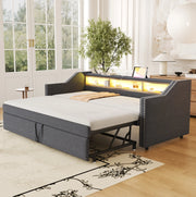 Divano letto estraibile 90/180x190 cm con ripiani, LED e USB grigio scuro