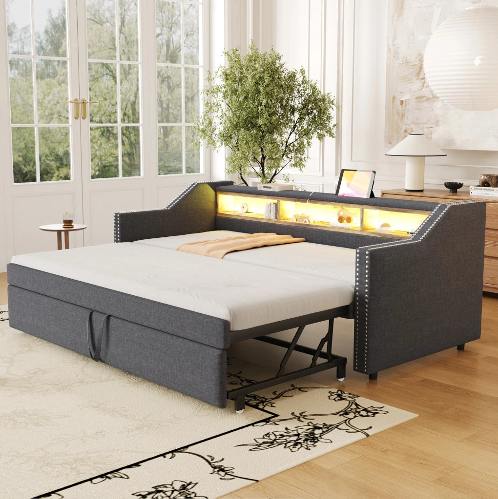 Divano letto estraibile 90/180x190 cm con ripiani, LED e USB grigio scuro