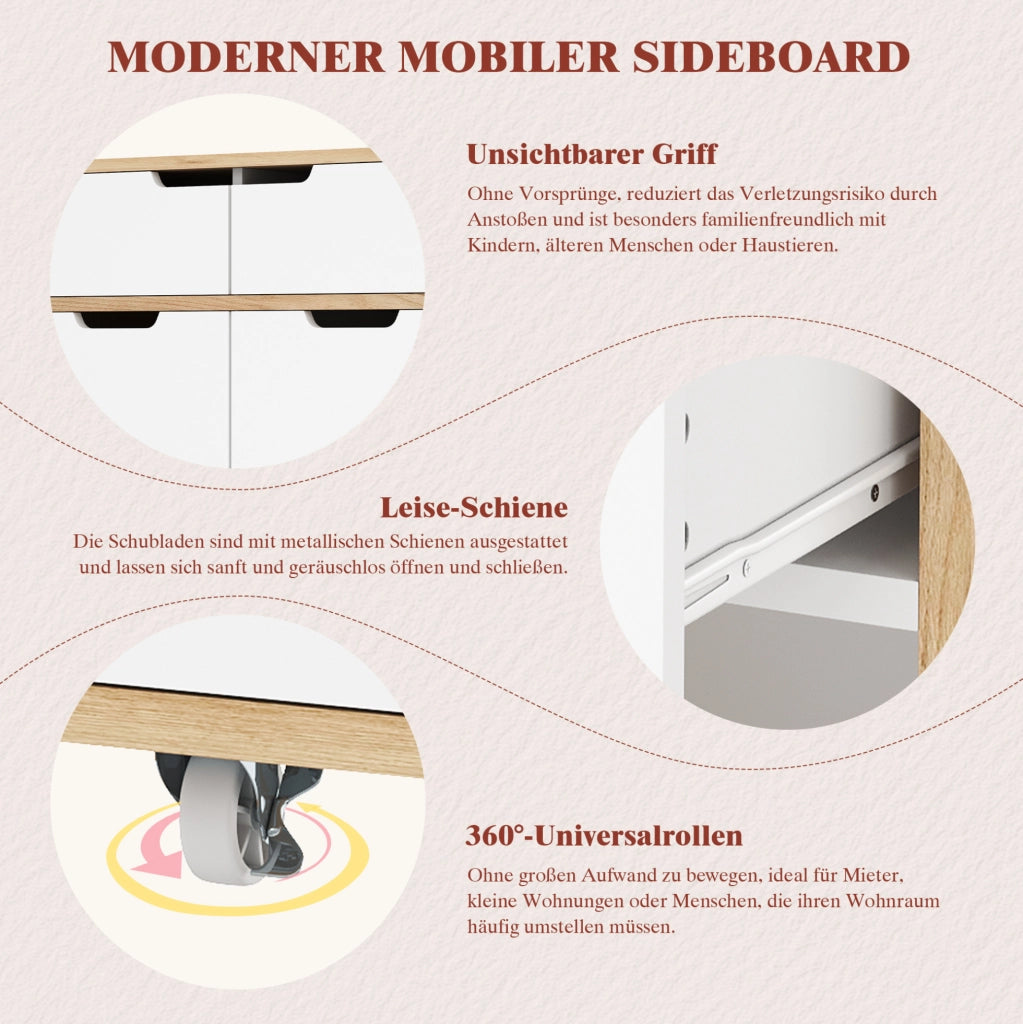 Mobile contenitore con ruote 120x46x85 cm in legno ingegnerizzato bianco