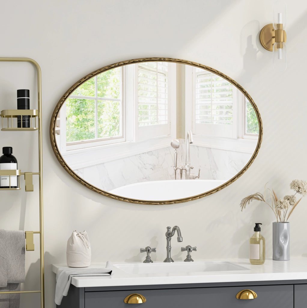 Specchio ovale da parete in vetro con cornice in ferro e supporto MDF; oro