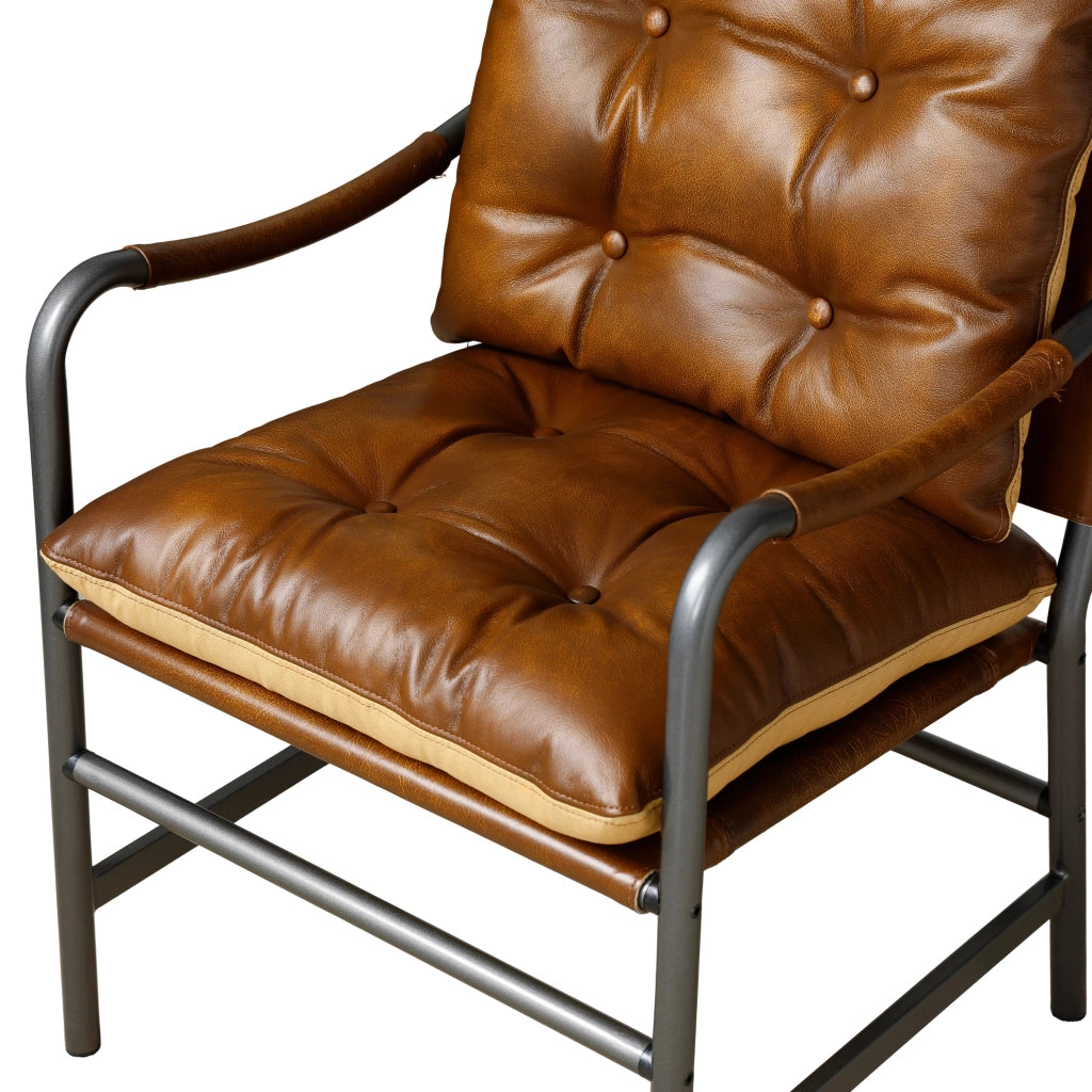 Poltrona con Braccioli, Design Retrò Moderno, Seduta per Soggiorno o Studio, in Pelle e Metallo, Marrone