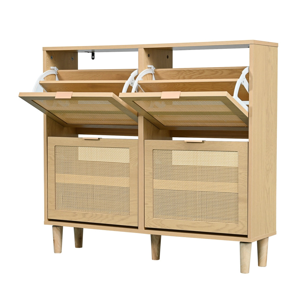OKWISH Scarpiera con 4 Ante a Ribalta, Ripiani Regolabili, Dettagli in Rattan e Gambe in Legno, per Ingresso, 100×25×90 cm