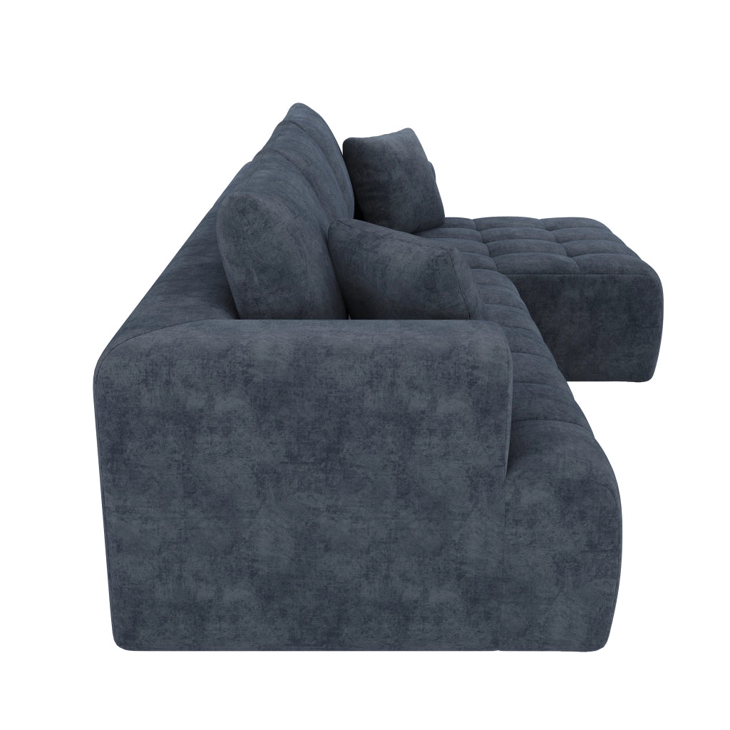Divano ad angolo modulare senza struttura con design basso e cuscini in chenille blu 244,5 × 136 × 79 cm