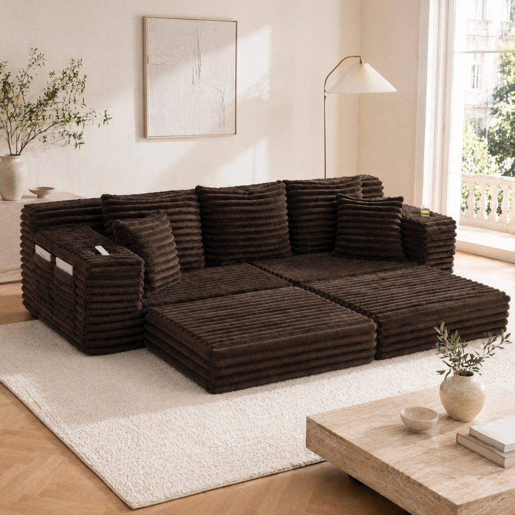 Divano in velluto a coste convertibile in letto, schienale alto, cuscini extra, tasche laterali e portabicchieri, colore caffè
