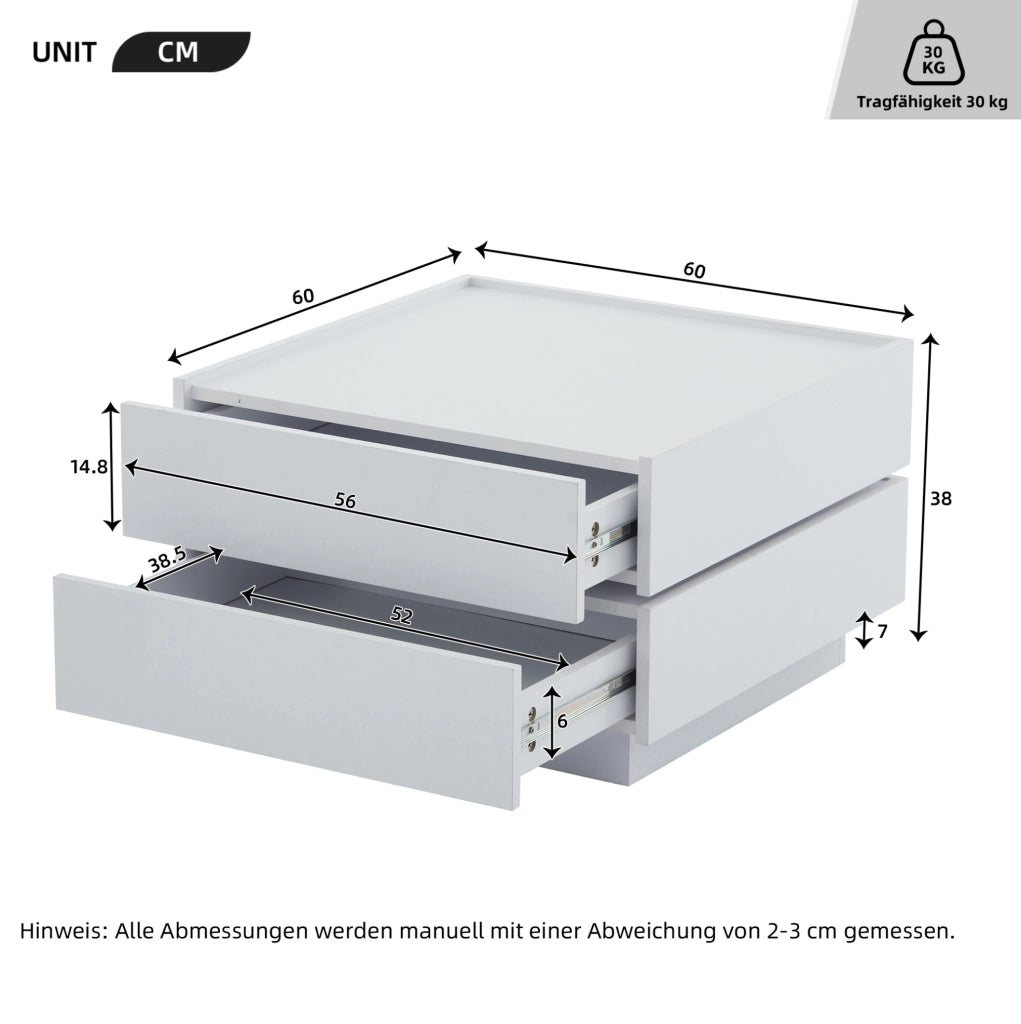 Tavolino da caffè bianco girevole a 360° con 2 cassetti, 60 × 60 × 38 cm
