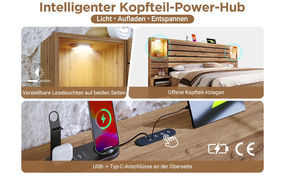 Letto Contenitore Matrimoniale LED con Cassetti e Comodini ¨C MINIMAL ¨C Rovere 160x200