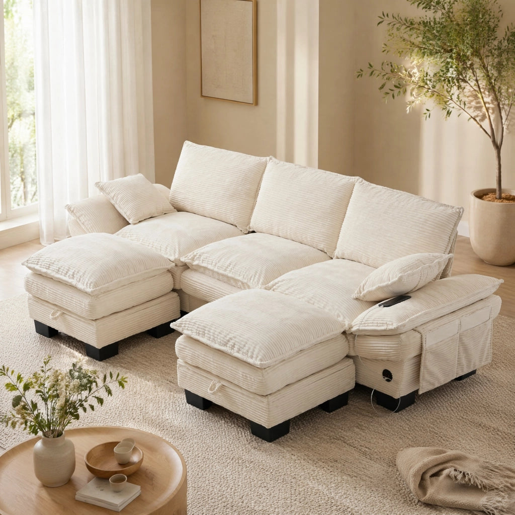 DIVANO Modulare 3 posti 260x132x84 cm in Corduroy Beige con 2 Pouf