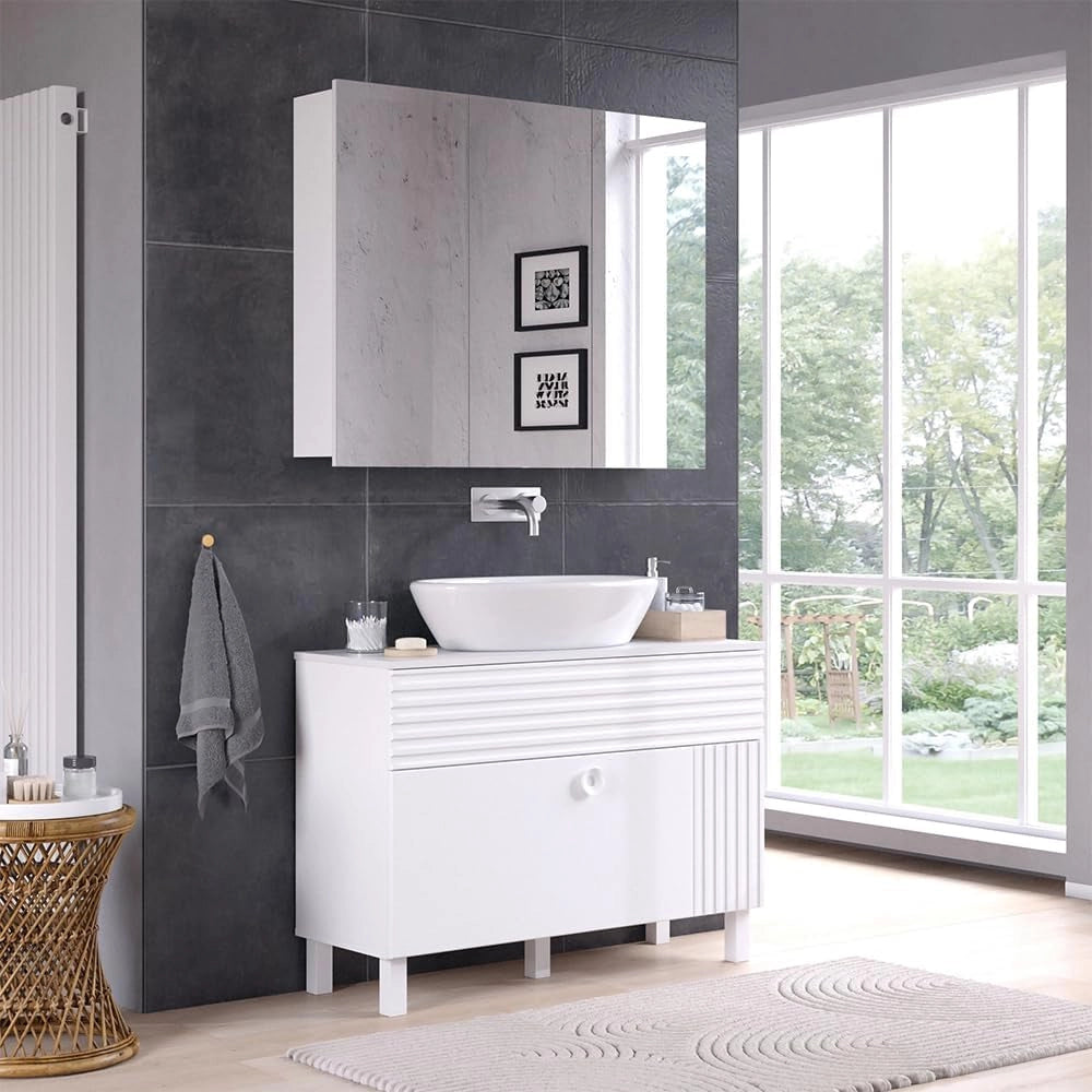 Set di mobili da bagno Sola, Bianco, 100 cm, composto da specchio da bagno e mobile sottolavabo