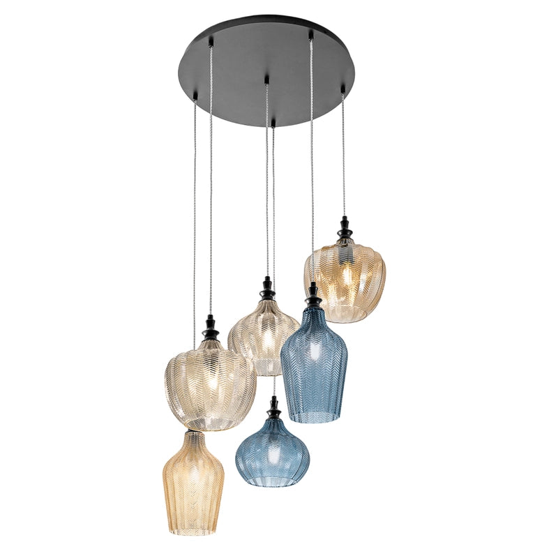 Cleofe - Lampadario a sospensione 6 luci con vetri ambra, ocra e cobalto - 6XE27 max 6X60W, design moderno elegante, IP20